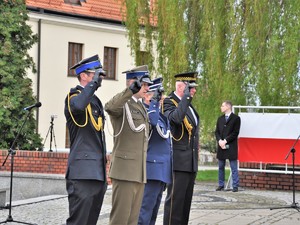podczas uroczystości stoją obok siebie przedstawiciele służb mundurowych, oddają honor przed Pomnikiem Powstańców Śląskich